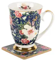 Floral Garden Navy Decorative Botanical Flower Ceramic Mug & Coaster Set 360ml