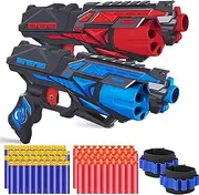 POKONBOY 2 Pack Blaster Toy Guns for Boys Fit for Nerf Guns Darts, 6-Dart Rotating Barrel Foam Bullets Hand Gun Toys with 80 Refill Darts and 2 Wristbands Gifts for 5 6 7 8 9 10 Years Kids Christmas