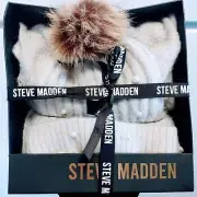 NWT IN BOX STEVE MADDEN LIGHT GREY KNIT BLING HAT/BEANIE & SCARF SET SMA-2678 OS