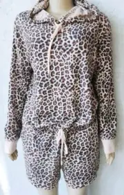 Victoria Secret Waffle Knit Leopard Shorts Hoodie 2 pc Set Lounge Thermal