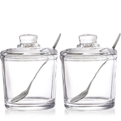 Set of 2 Glass Sugar Bowl 6 Ounces Clear Sugar Jar with Spoon and Lid Salt Sp...