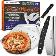 14" Pizza Making Kit (Set of 2) - 14" Pizza Cutter Rocker Knife with Blade Cover