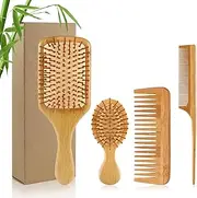 4 PCS Bamboo Hair Brush Set -With Natural Wooden Wide-tooth and Tail Comb Big and Mini Paddle Detangling Hairbrush for Women men and Kids Suitable for All Hair Styles