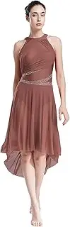 [Linjinx] Women's Lyrical Dance Dress Modern Contemporary Costume Sparkly Rhinestones Asymmetrical Mesh Dress