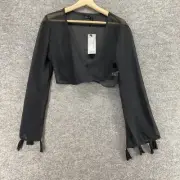 New Boohoo Cropped Top Women M Medium Black Sheer Long Sleeve V-Neck Casual