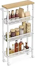 Trolley on Wheels Slim Rolling Cart, 4-Tier Storage Cart, Narrow Cart with Handle, 5.1 Inches Deep, Metal Frame Trolley(Oak Beige)