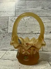 Fenton Miniature Amber Harvest Hand Painted Basket - 4.25 inches w Handle