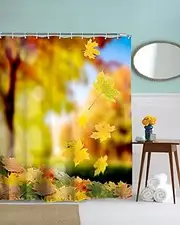 Autumn Fall Season Orange Yellow Maple Fallen Leaves Nature Scenery Picture Print 100% Polyester Fabric Shower Curtain PVC Free for Standard Size Bathtubs 165x180 cm / 65" x 72"
