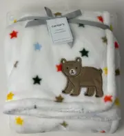RARE HTF NWT Carters Brown Bear Multicolor Stars White Sherpa Plush Baby Blanket