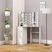 Corner Dressing Table Make-up Table with LED Light White Bedroom Vanity