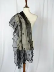 Worthington Applique Mesh Sequin Scarf Wrap Black Sheer Flower Floral NEW NWT
