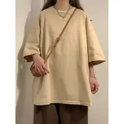 Elbow Sleeve Oversized Plain T-Shirt Khaki - S
