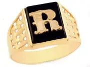 10k or 14k Yellow Gold Bold Black Onyx Mens Basket Weave Initial Letter R Ring