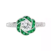 Art Deco Style Lab Created Diamond Emerald Party Wear Ring14K White Gold FN Ring