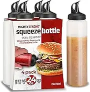 MIGHTY STRONG 4 Pack Condiment Squeeze Bottles 24 Oz –Easy Pour Sauce Bottles With Leak Proof Snap Cap, Plastic Squeeze Bottles For Sauces, Condiment Bottles, Condiment Containers, clear