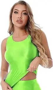 [Sinleey] Women's Glossy Slim Fit Tank Top Solid Color Stretchy Athletic Compression Undershirt