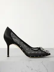 [Manolo Blahnik] Manolo Blahnik - Hangisi 90 Satin-trimmed Crystal-embellished Flocked Mesh Pumps - Black - IT40 IT 40 Black