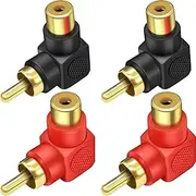 RCA Male to RCA Female Connectors Right Angle Plug Adapters M/F 90 Degree Elbow Gold-Plated (5 Black + 5 Red) (10-Pack)