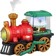 Miracland Retro Steam Train with Mist Spray, Vintage Locomotive Toy with Universal Wheel, Lights & Music and Rotary Carriage (Red)