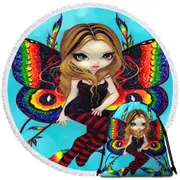 Big Eyed Fairy with Vibrant Colorful Vivid Wings Round Beach Towel