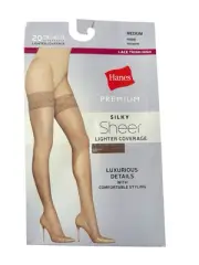 Hanes Premium Silky Sheer Lace Thigh Highs Medium NUDE 20 Denier New