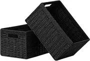 UBBCARE 2 Pack Wicker Basket, 13.4L×8.3H×7.1W inch Woven Paper Rope Storage Baskets for shelves, Foldable Rectangular Storage Baskets with Handle, Storage Basket for Organizing, Black