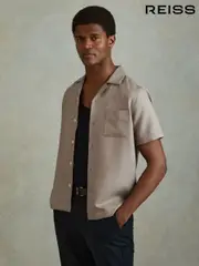 Reiss Mushroom Brown Tokyo Cuban Collar Button-Through Shirt (E11014) | $180