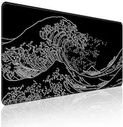 Japanese Sea Wave Large Mouse Pad Gaming, Anime Black Gaming Mouse Pad, Extended Kanagawa Mosue Mat Desk Pad 3mm Thick Long Non-Slip Rubber Base Mice Pad 31.5 X 11.8 Inch
