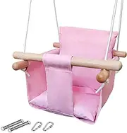 Prendieen Rustic Canvas Baby Swing Chair - Pink, Wooden Hanging Swing Seat, Durable Indoor/Outdoor Swing for Kids, Toddlers, 6 Months to 3 Years, 88 lbs/40kg