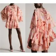 New Ted Baker floral Pegaia Coral Ruffle Tiered Dress w Slip Kimono Sleeve sz 2