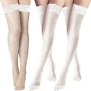 [AYNKH] 3 Pairs Women Sheer Lace Stockings, Sheer Over Knee Fishnet Silky Stocking for Women Girls, White, One size