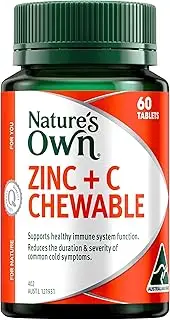Nature's Own Zinc + Vitamin C Chewable Tablets 60 - Reduces Severity & Duration of Common Cold Symptoms - Supports Healthy Immune System Function, Skin Health, Collagen Formation & Wound Healing