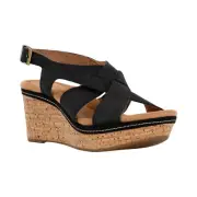 Womens Clarks Elleri Rae Wedge Sandal - Black Nubuck, Size 10 Wide [26171444]
