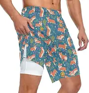 [ZZXXB] Welsh Corgi Dog Flowers Athletic Shorts for Men with Pockets 2 in 1 Quick Dry Running Shorts S-3XL