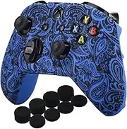 YoRHa Printing Rubber Silicone Cover Skin Case for Xbox One S/X Controller x 1(Flowers&blue) With PRO Thumb Grips x 8