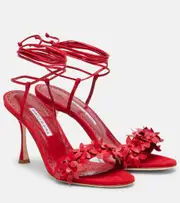 [Manolo Blahnik] Manolo Blahnik Anista floral-appliqué suede sandals AU 11 red