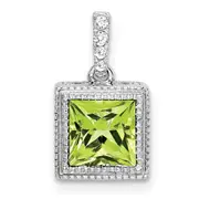 14k White Gold Square Peridot and Real Diamond Pendant