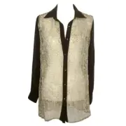 NWT BCBGMaxAzria Snakeskin Print Sheer Top Shirt Button Front Brown Sz XS