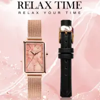 在飛比找momo購物網優惠-【Relax Time】璀璨雋永系列 方形玫瑰石紋米蘭錶帶淑