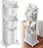 2 Tier / 3 Tier Laundry Basket on Wheels, Stacked Large Rolling Laundry Trolley Cart Clothes Sorter Washing Bin Removable Laundry Hamper for Bedroom, Bathroom, Laundry Room(3 Tier)