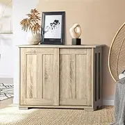 OIKITURE Sideboard Buffet Cabinet with Sliding Door - Stackable Cupboard with Storage, Open Side Panel, Low Console Table for Kitchen Living Room Dining Room, Wood