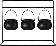 XIASABA 3 Witches Cauldron Serving Bowls On Rack Black Plastic Candy Bucket Cauldron Ideal for Indoor Outdoor Home Kitchen Decoration Featuring Flame Pattern and Sturdy Rack