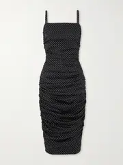 [Dolce & Gabbana] Dolce & Gabbana - Gathered Polka-dot Silk-blend Midi Dress - Black - IT38 IT 38 Black