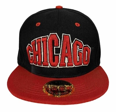 Chicago Flat Bill Snap Back Ball Cap Embroidered Black/Red Hat Adjustable