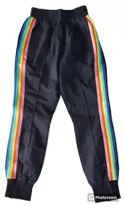 Fabletics Carol Woven Pants XXS Black Rainbow Side Stripe Ankle Zip NEW $64.95