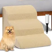 BAKAJI Pet Ladder with 3 Steps and Roller, Removable Ribbed Fabric Cover, Ramp for Cats and Elderly Dogs, High Density Foam Upholstery Ladder (Beige)