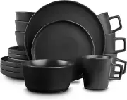 16-Piece Black Matte Stoneware Dinnerware Set - Service for 4, Stylish & Durable