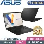 ASUS VIVOBOOK S14 S5406MA-0028K125H 極致黑(ULTRA 5/16G/1TB/INTEL ARC/WIN11/EVO/14)特仕