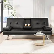 Artiss Sofa Bed 3 Seater Recliner Lounge Couch, Furniture, Convertible with 2 Pillows Cup Holder Leather Futon Suite Black Chrome Legs Adjustable Backrest
