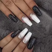 Silver Glitter Press on Nails,24 PCS Black and White False Nails Glossy Medium Length Fake Nails Full Cover Coffin Nails Tips for Women Girls Party Decoration